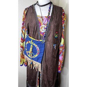Women's Hippie Halloween Costume XL Peace Love 60's Maxi Dress + Accessories